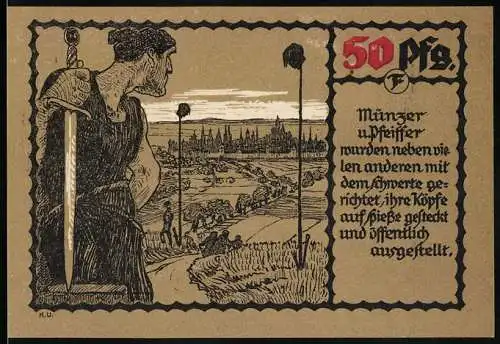 Notgeld Mühlhausen, 1921, 50 Pfennig, Darstellung von Münzern und Bauernkriegen