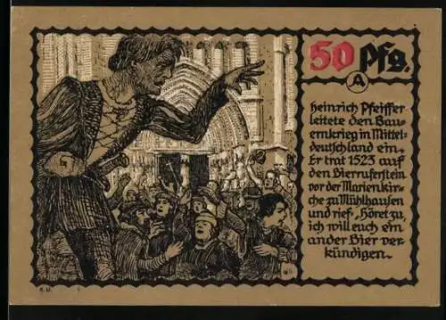 Notgeld Mühlhausen, 1921, 50 Pfennig, Heinrich Pfeiffer und Bauernkrieg 1523-1525