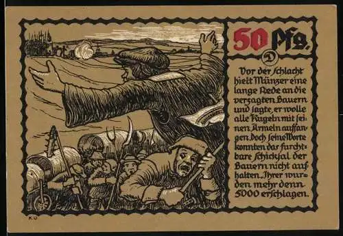 Notgeld Mühlhausen 1921, 50 Pfennig, Illustration des Bauernkrieges und der Rede von Müntzer