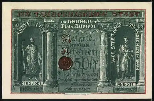 Notgeld Allstedt 1921, 50 Pfennig, Schloss Allstedt mit Heinrich II und Heinrich III