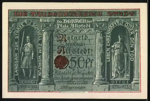 Notgeld Allstedt, 1921, 50 Pfennig, Abbildung von Kyffhäuser Schloss und historischen Figuren Heinrich