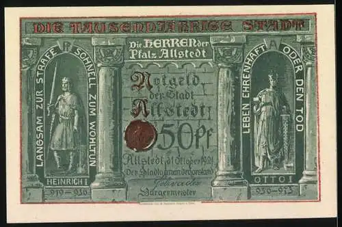 Notgeld Allstedt 1921, 50 Pfennig, Sachsenburg Kyffhäuser Schloss und Die Herren der Pfalz Altstedt