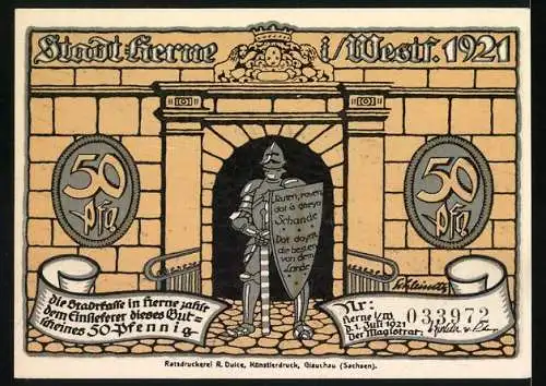 Notgeld Herne, 1921, 50 Pfennig, Ritter mit Schwert und Schild, Stadtwappen und Torbogen