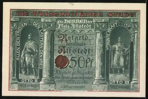 Notgeld Allstedt 1921, 50 Pfennig, historische Stadtansicht und Ehren von Pfalz Allstedt