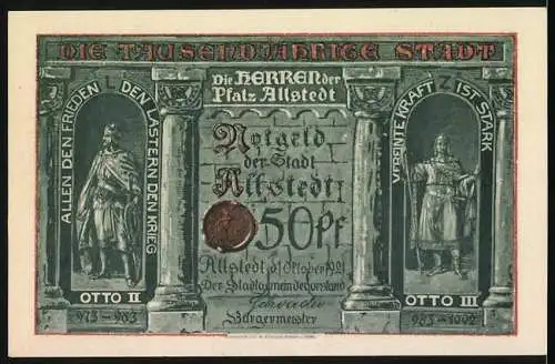 Notgeld Allstedt, 1921, 50 Pfennig, Darstellung eines Gemäldes und historische Persönlichkeiten