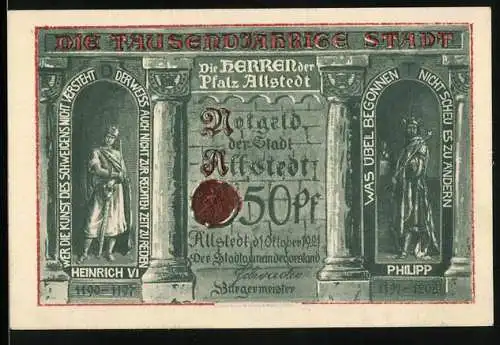 Notgeld Allstedt 1921, 50 Pf, Heinrich VI und Philipp, Kohlhof nach Goethe