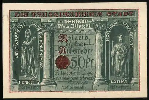 Notgeld Allstedt 1921, 50 Pf, die Herren der Pfalz und Wasserturmkirche