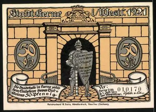 Notgeld Herne 1921, 50 Pfennig, Ritter auf Pferd vor Stadtmauer und Ritter im Torbogen