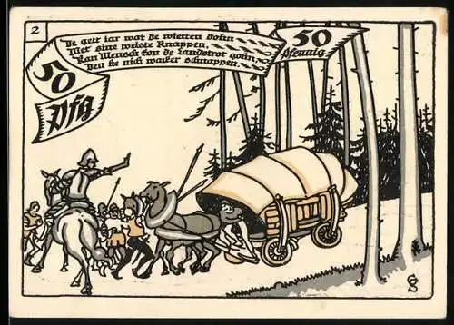 Notgeld Herne 1921, 50 Pfennig, Reiter mit Planwagen im Wald und Ritter vor Stadttor mit Wappen