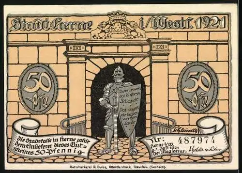 Notgeld Herne 1921, 50 Pfennig, Stadtansicht und Ritter vor einem Tor