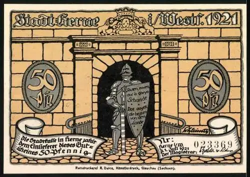 Notgeld Herne / Westf., 1921, 50 Pfennig, Abbildung einer Burg und Soldaten mit Spruchband