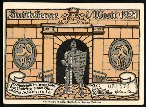 Notgeld Herne, 1921, 50 Pfennig, Ritter vor Torbogen mit Schriftrolle und Mann mit Axt vor besiegtem Ritter