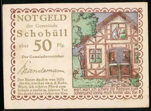 Notgeld Schobüll, 50 Pfennig, Fachwerkhaus und Bauer mit Pferd