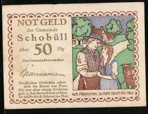 Notgeld Schobüll, 50 Pfennig, Liebespaar und regionales Gedicht, Rückseite Herz und Kornbündel