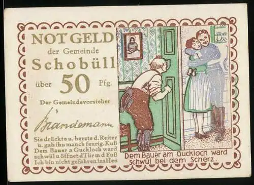 Notgeld Schobüll, 50 Pfennig, humoristische Darstellung eines Bauern am Guckloch, Aufruf zur Gültigkeit