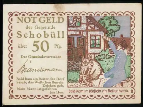 Notgeld Schobüll, 50 Pfennig, Reiter im Dorf und Herz mit Weizenbündel