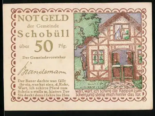 Notgeld Schobüll, 50 Pfennig, Fachwerkhaus und Bauernhof-Szene, Text und Herz-Motiv mit Garbenbündel auf Rückseite