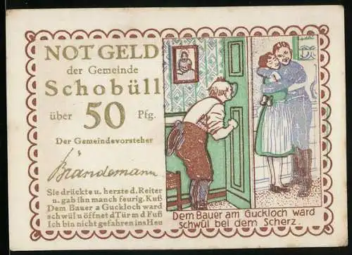 Notgeld Schobüll, 50 Pfennig, Illustration mit Bauer und Guckloch, Herz und Weizenmotiv