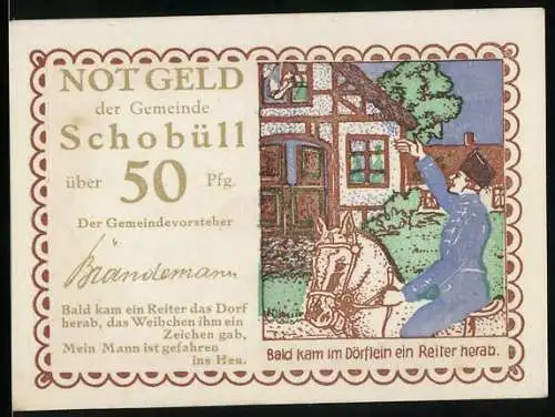 Notgeld Schobüll, 50 Pfennig, Reiter und Fachwerkhaus, Text und Herzmotiv