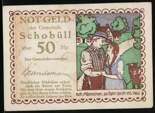 Notgeld Schobüll, 50 Pfennig, Liebespaar mit Kuh und Häusern im Hintergrund, Herz und Getreidebündel