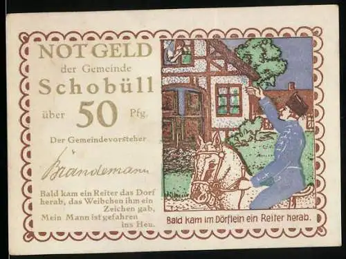 Notgeld Schobüll, 50 Pfennig, Reiter im Dorf und Text auf Rückseite