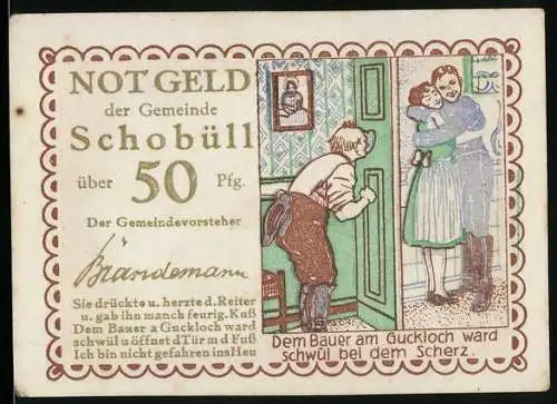 Notgeld Schobüll, 50 Pfennig, Dem Bauer am Guckloch war schwül bei dem Scherz