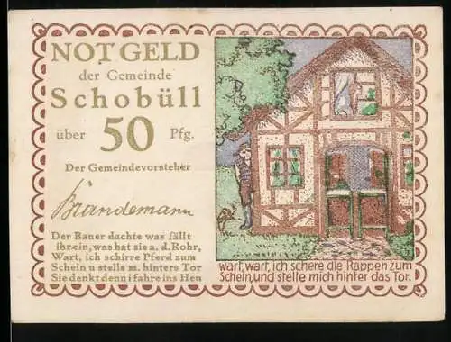 Notgeld Schobüll, 50 Pfennig, Fachwerkhaus mit Gedicht und Signatur des Gemeindevorstehers