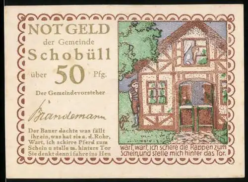 Notgeld Schobüll, 50 Pfennig, Fachwerkhaus mit Bauer und Gedicht, Herz und Getreidehaufen