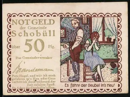 Notgeld Schobüll, 50 Pfennig, Gemeindevertreter und Szene Es fahre der Deubel ins Heu!