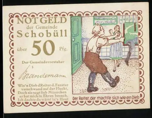 Notgeld Schobüll, 50 Pfennig, Der Reiter, der machte sich wie ein Dieb, Reiterszene