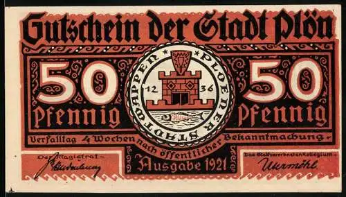 Notgeld Plön, 1921, 50 Pfennig, Gutschein der Stadt Plön mit Stadtwappen und Darstellung des Wendenkriegs 1074-1139