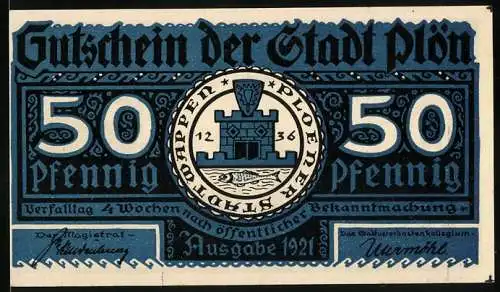 Notgeld Plön, 1921, 50 Pfennig, Wappen der Stadt und Darstellung des Wendenkriegs