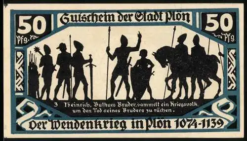 Notgeld Plön 1921, 50 Pfennig, Der Wendenkrieg in Plön 1074-1139, Stadtwappen und Stadtmauer