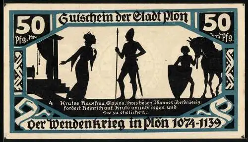 Notgeld Plön, 1921, 50 Pfennig, Der Wendenkrieg in Plön 1074-1139, Stadtwappen, Ausgabe 1921