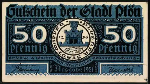 Notgeld Plön, 1921, 50 Pfennig, Der Wendenkrieg in Plön 1074-1139, Stadtwappen, Ausgabe 1921