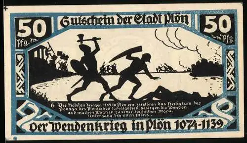 Notgeld Plön, 1921, 50 Pfennig, Der Wendenkrieg in Plön 1074-1139 und Stadtwappen