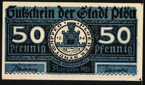 Notgeld Plön, 1921, 50 Pfennig, Der Wendenkrieg in Plön 1074-1139 und Stadtwappen