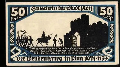 Notgeld Plön 1921, 50 Pfennig, Der Wendenkrieg in Plön 1074-1139, Stadtwappen und Bugenhagenkeller