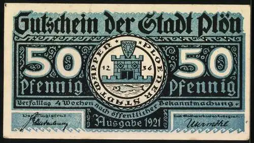 Notgeld Plön 1921, 50 Pfennig, Der Wendenkrieg in Plön 1074-1139, Stadtwappen und Bugenhagenkeller