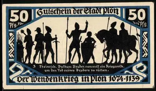 Notgeld Plön, 1921, 50 Pfennig, Der Wendenkrieg in Plön 1074-1139, Rückseite Stadtwappen und Verfallsdatum