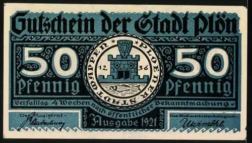 Notgeld Plön, 1921, 50 Pfennig, Der Wendenkrieg in Plön 1074-1139, Rückseite Stadtwappen und Verfallsdatum