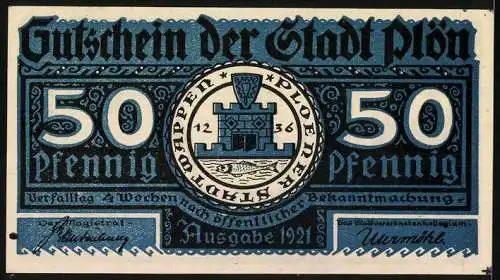 Notgeld Plön, 1921, 50 Pfennig, Gutschein der Stadt Plön mit Darstellung des Wendenkriegs und Stadtwappen