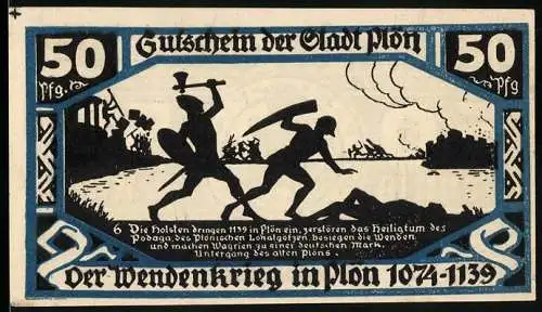 Notgeld Plön 1921, 50 Pfennig, Der Wendenkrieg in Plön 1074-1139, Stadtwappen und Burgansicht