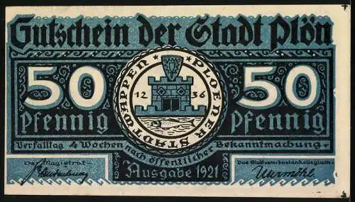 Notgeld Plön 1921, 50 Pfennig, Der Wendenkrieg in Plön 1074-1139, Stadtwappen und Burgansicht