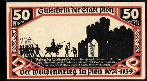 Notgeld Plön, 1921, 50 Pfennig, Gutschein der Stadt Plön mit Darstellung des Wendenkriegs und Stadtwappen