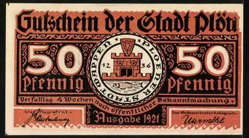 Notgeld Plön, 1921, 50 Pfennig, Gutschein der Stadt Plön mit Darstellung des Wendenkriegs und Stadtwappen