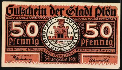 Notgeld Plön 1921, 50 Pfennig, Der Wendenkrieg in Plön 1074-1139, Gutschein der Stadt Plön