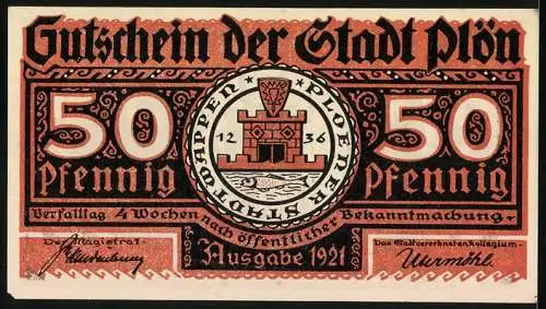 Notgeld Plön 1921, 50 Pfennig, Darstellung des Wendenkriegs und Stadtsiegel