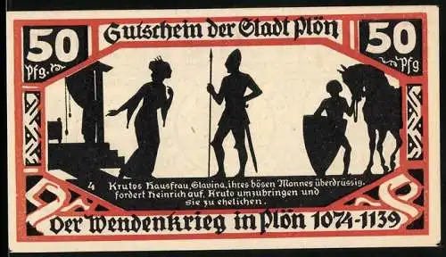 Notgeld Plön, 1921, 50 Pfennig, Der Wendenkrieg in Plön 1074-1139, Stadtwappen und Burgmotiv