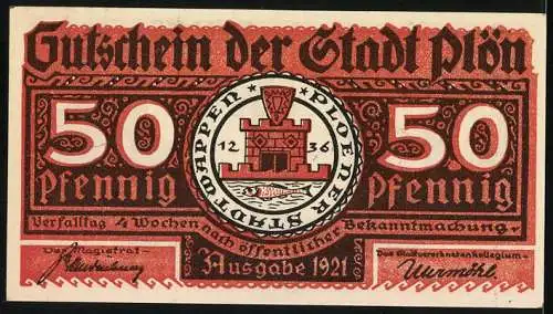 Notgeld Plön, 1921, 50 Pfennig, Der Wendenkrieg in Plön 1074-1139, Stadtwappen und Burgmotiv